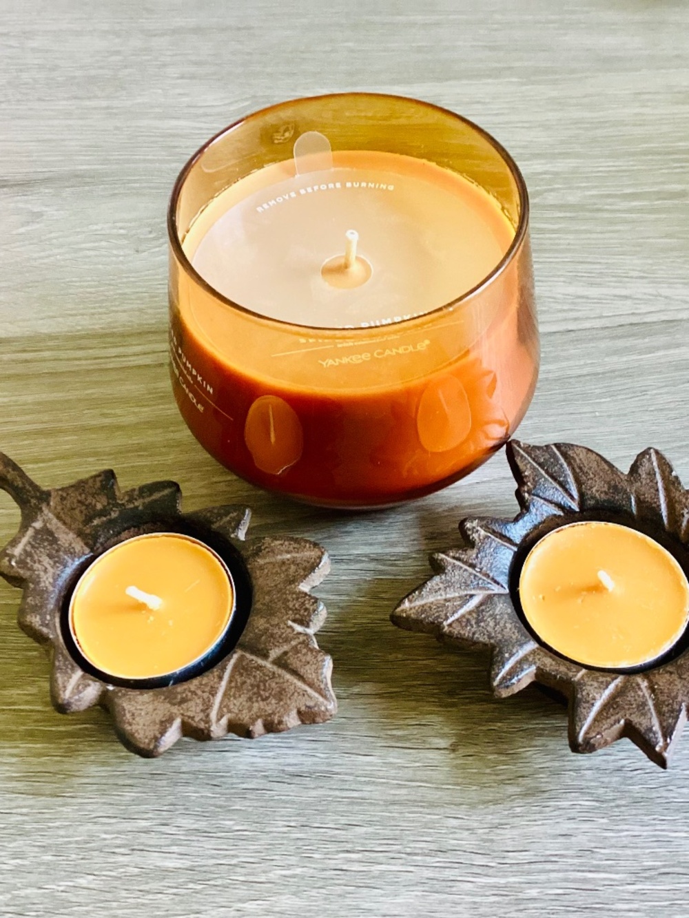 Lot Of 3 Fall Candles Yankee Spiced Pumpkin Jar 10 Oz Cast Iron Leaf Tea Lights